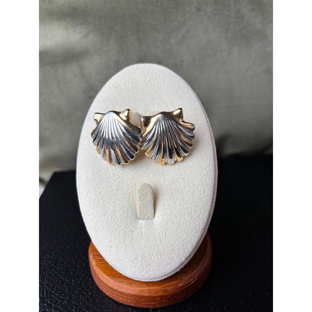 Vintage Two Tone Seashell Stud Earrings Gold Silver Scallop Shell Coastal Beach